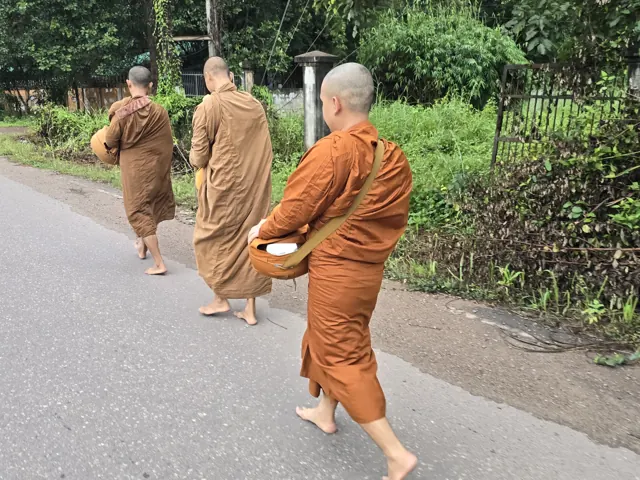 ພຣະສົງອອກບິນທະບາດຕາມເສັ້ນທາງໃນຍາມເຊົ້າ.